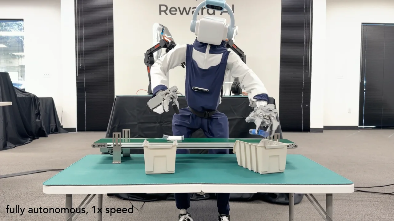 演示画面：配备 Omnibody Hands 的双足人形机器人在传送带旁分拣物品，画面标注「fully autonomous, 1x speed」
