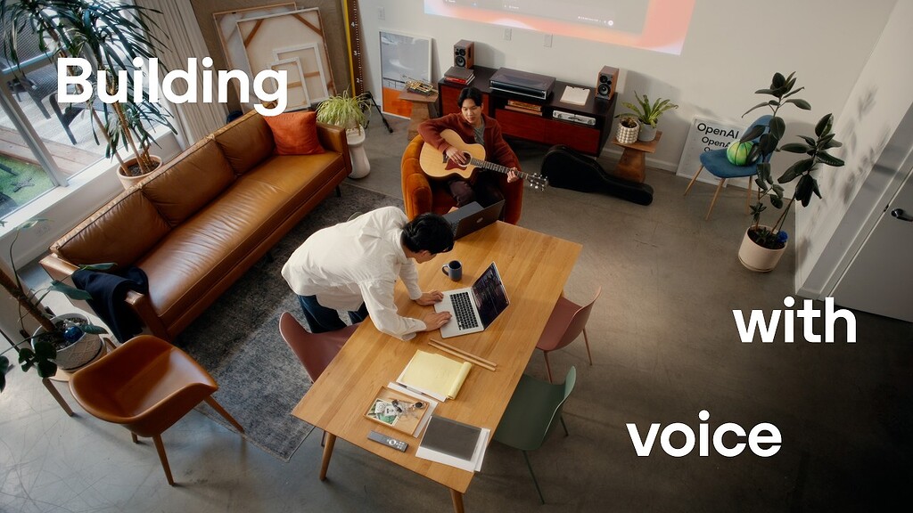 OpenAI 官方社区公告帖中的宣传视频画面，叠有“Building with voice”题字与 OpenAI 标识