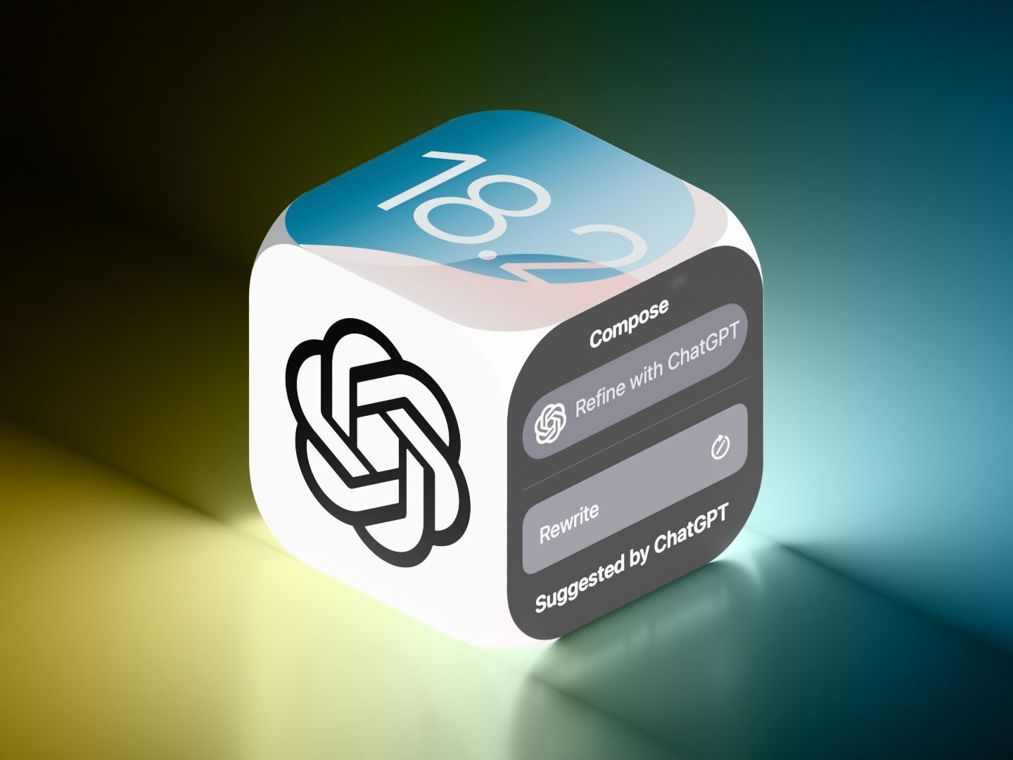 Apple Intelligence 写作工具中的 ChatGPT 集成界面：图标一面是 OpenAI 标志，另一面是「Refine with ChatGPT」「Suggested by ChatGPT」选项