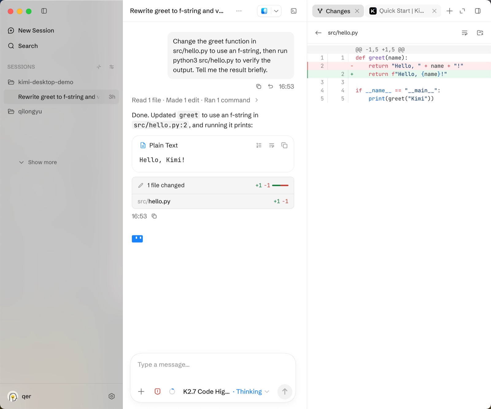 Kimi Code Desktop 的改动核验界面：会话中 agent 按要求修改 src/hello.py 并运行验证后，右侧 Changes 面板展示该文件的 diff