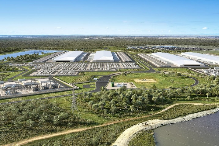 Western Downs Digital Park 概念效果图：绿色地块上的多栋长条形数据中心厂房、光伏阵列与电力设施