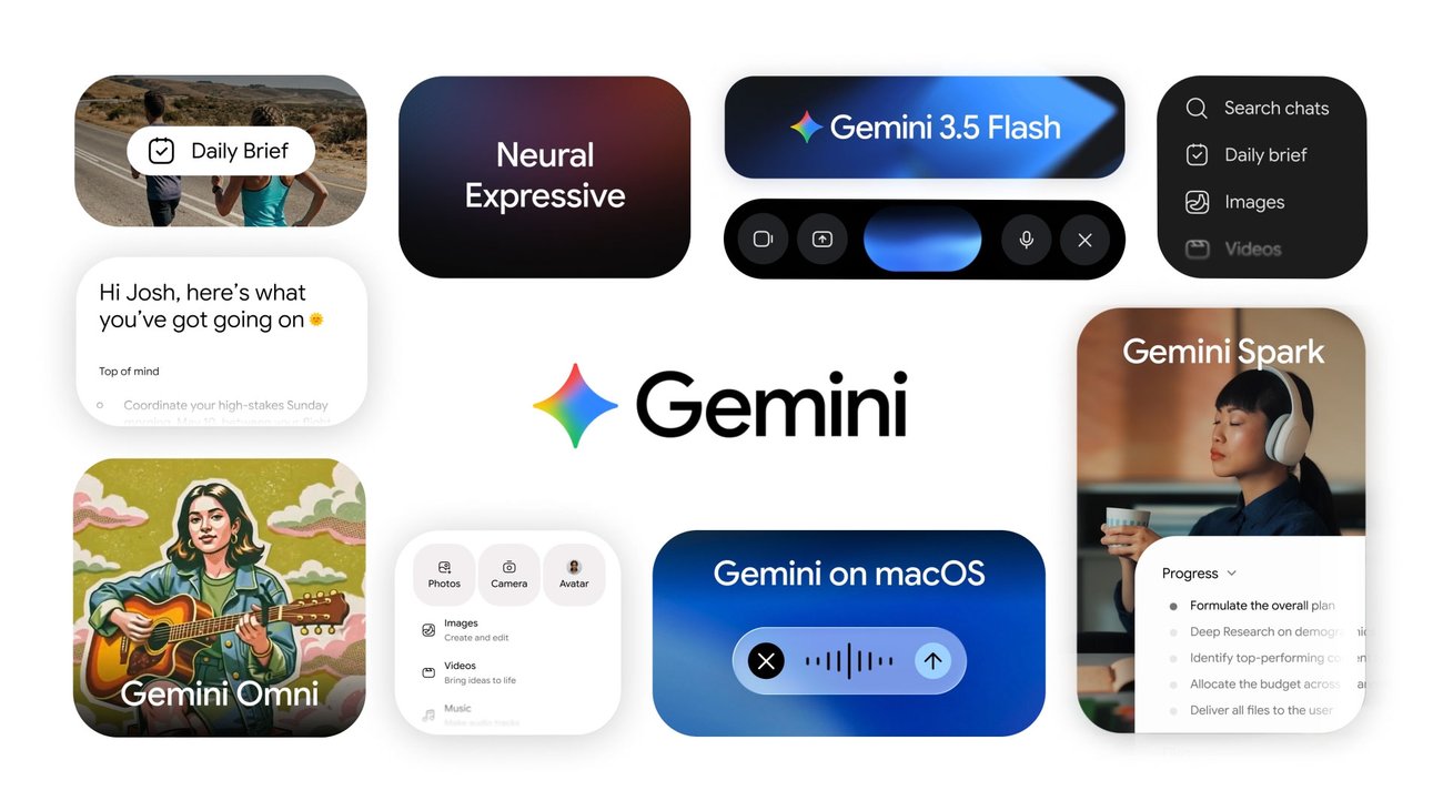 Google 官方博客 5 月 19 日配图：Gemini 应用新版功能合集，其中标注 Daily Brief 的卡片展示了带 “Top of mind” 分区的当日清单示例