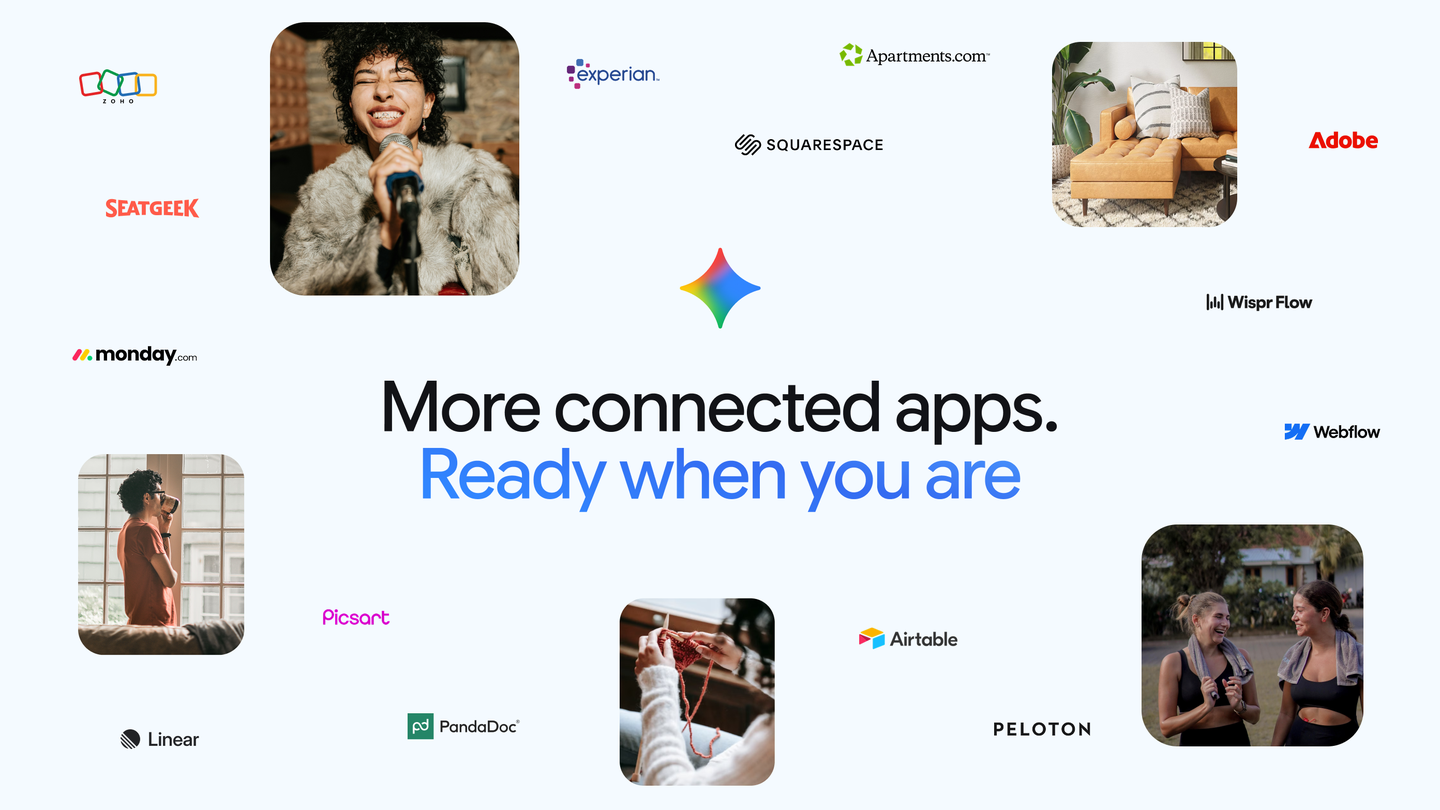 Google 官方博客横幅：More connected apps. Ready when you are，四周环绕 Zoho、SeatGeek、Experian、Apartments.com、Squarespace、Adobe、monday.com、Wispr Flow、Webflow、Picsart、Linear、PandaDoc、Airtable、Peloton 的应用标识