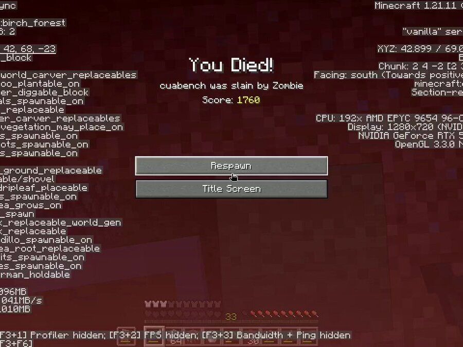 Vals AI 帖子所附视频的封面画面：Minecraft 的「You Died!」死亡结算界面