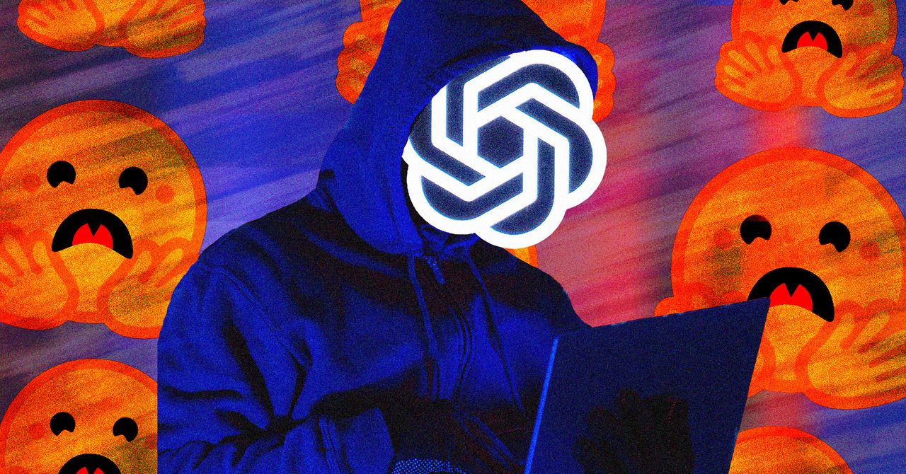 WIRED 报道配图：面部被 OpenAI 标志遮住的人物与橙黄色表情背景插画