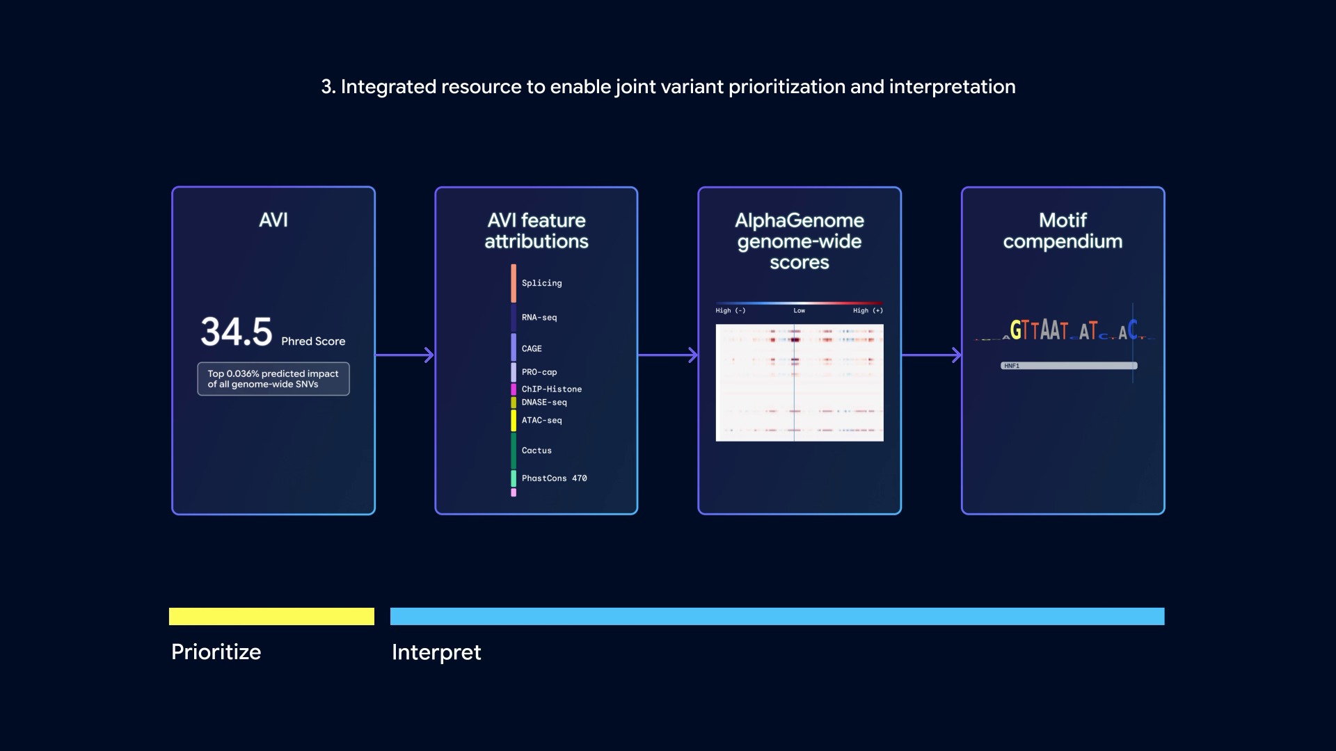 AlphaGenome Atlas 资源总览：AVI 评分、特征归因、全基因组预测分数和 motif 图集如何联合用于变异排序与解释