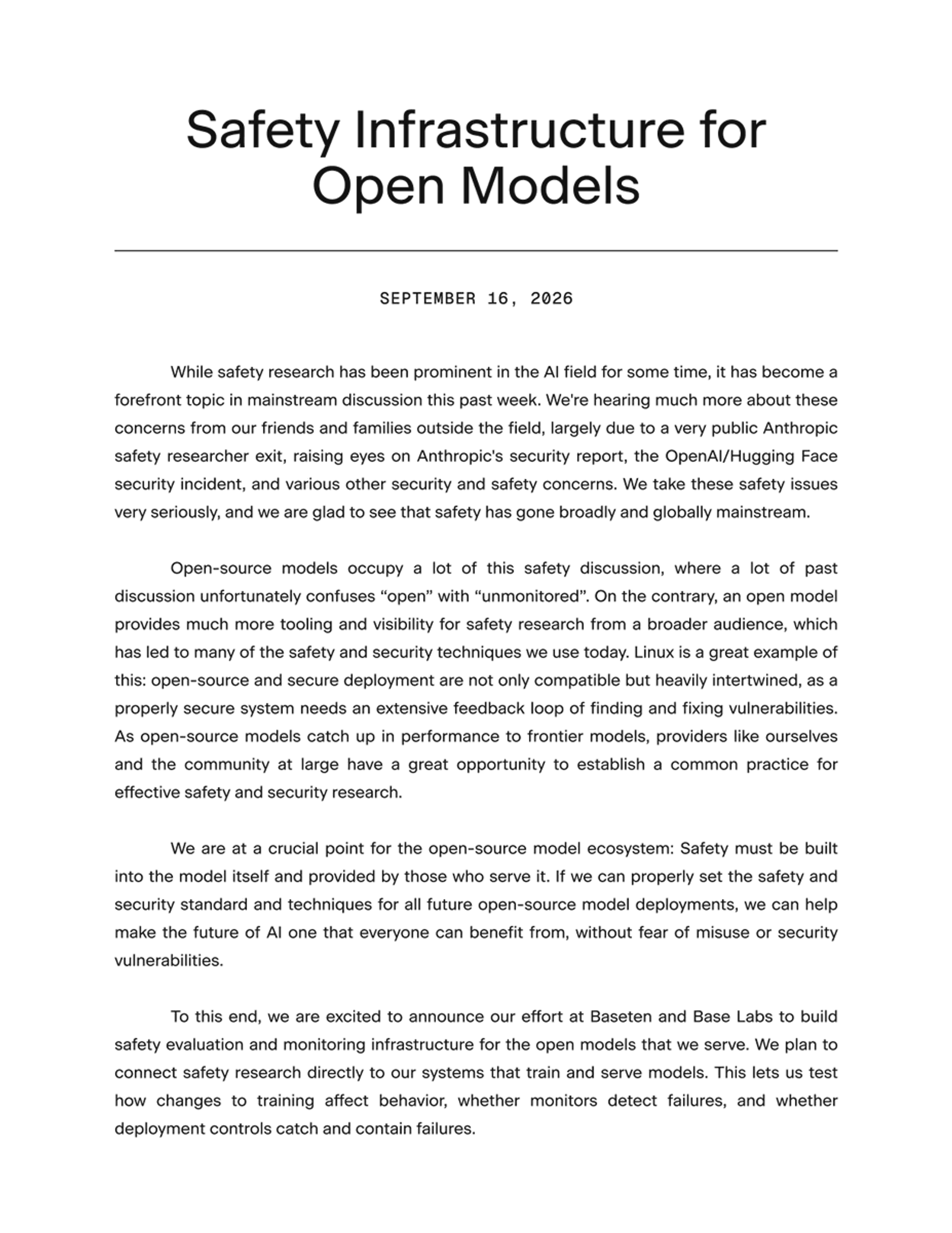 Baseten 与 Base Labs 联合声明的第一页，标题为 Safety Infrastructure for Open Models，日期为 2026 年 9 月 16 日