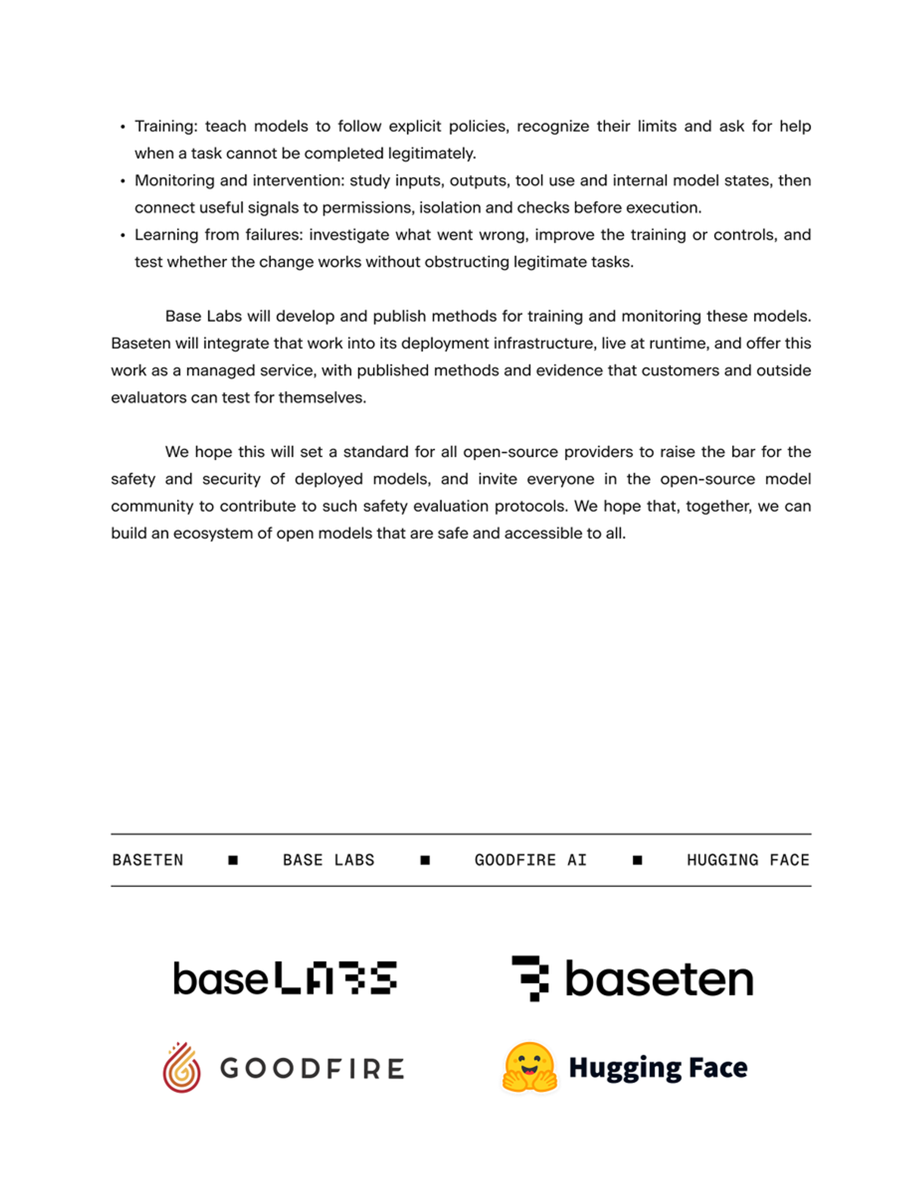 Baseten 与 Base Labs 声明的第二页：三条工作线，以及 Baseten、Base Labs、Goodfire、Hugging Face 四家机构的标志