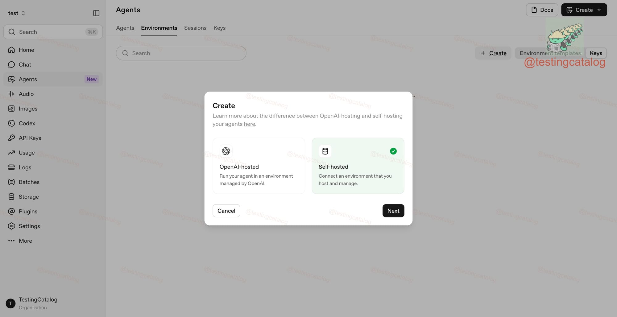 TestingCatalog 文章配图：Create 弹窗中 OpenAI-hosted 与 Self-hosted 两种部署选项并列，截图选中 Self-hosted