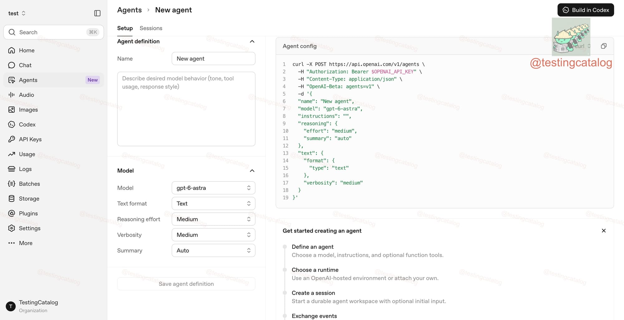 TestingCatalog 文章配图：疑似 OpenAI Platform 的 “New agent” 创建页面，右侧为指向 /v1/agents 的请求示例与 “Build in Codex” 按钮