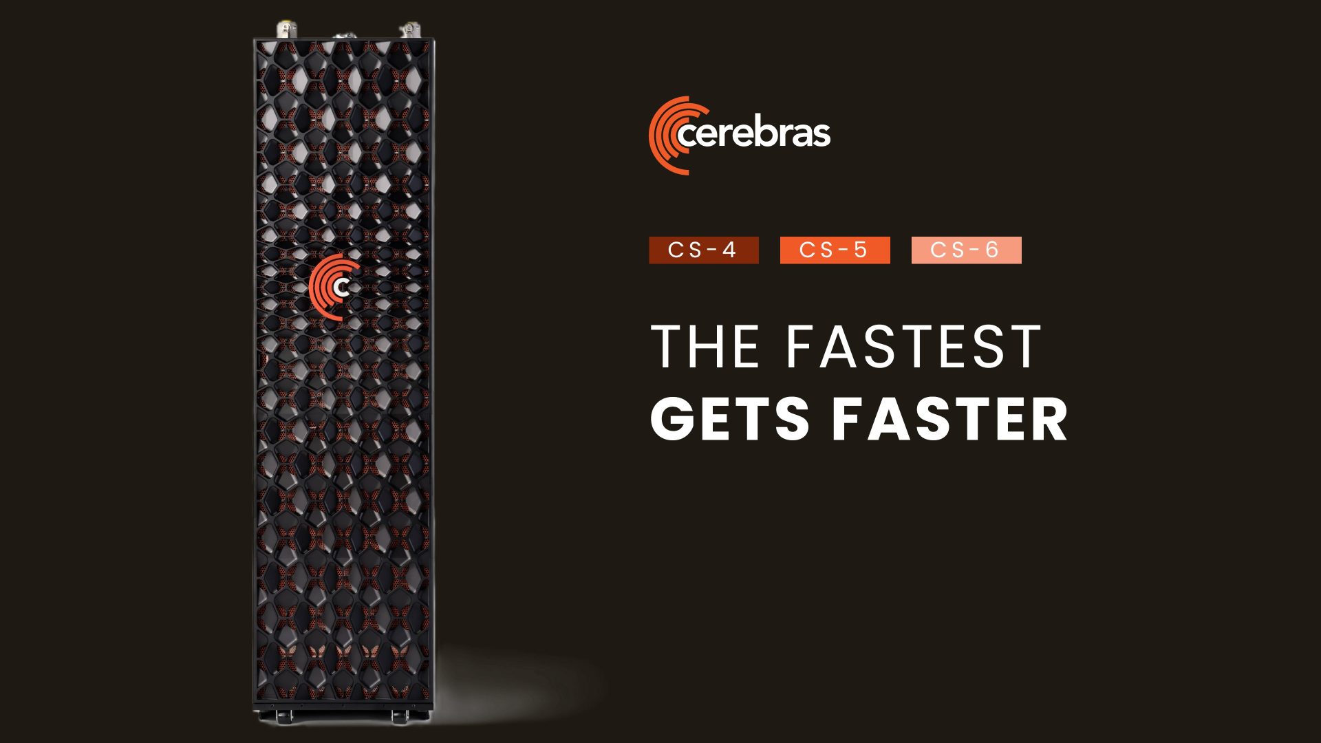 Cerebras CS-4/CS-5/CS-6 宣传图：左侧为 Nexus 机柜渲染，右侧标注 "THE FASTEST GETS FASTER" 与三个产品名