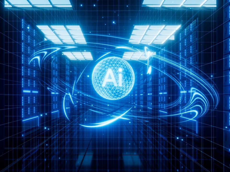AI 概念配图：蓝色数据中心走廊中央悬浮着一个标注 Ai 字样的发光网格球体