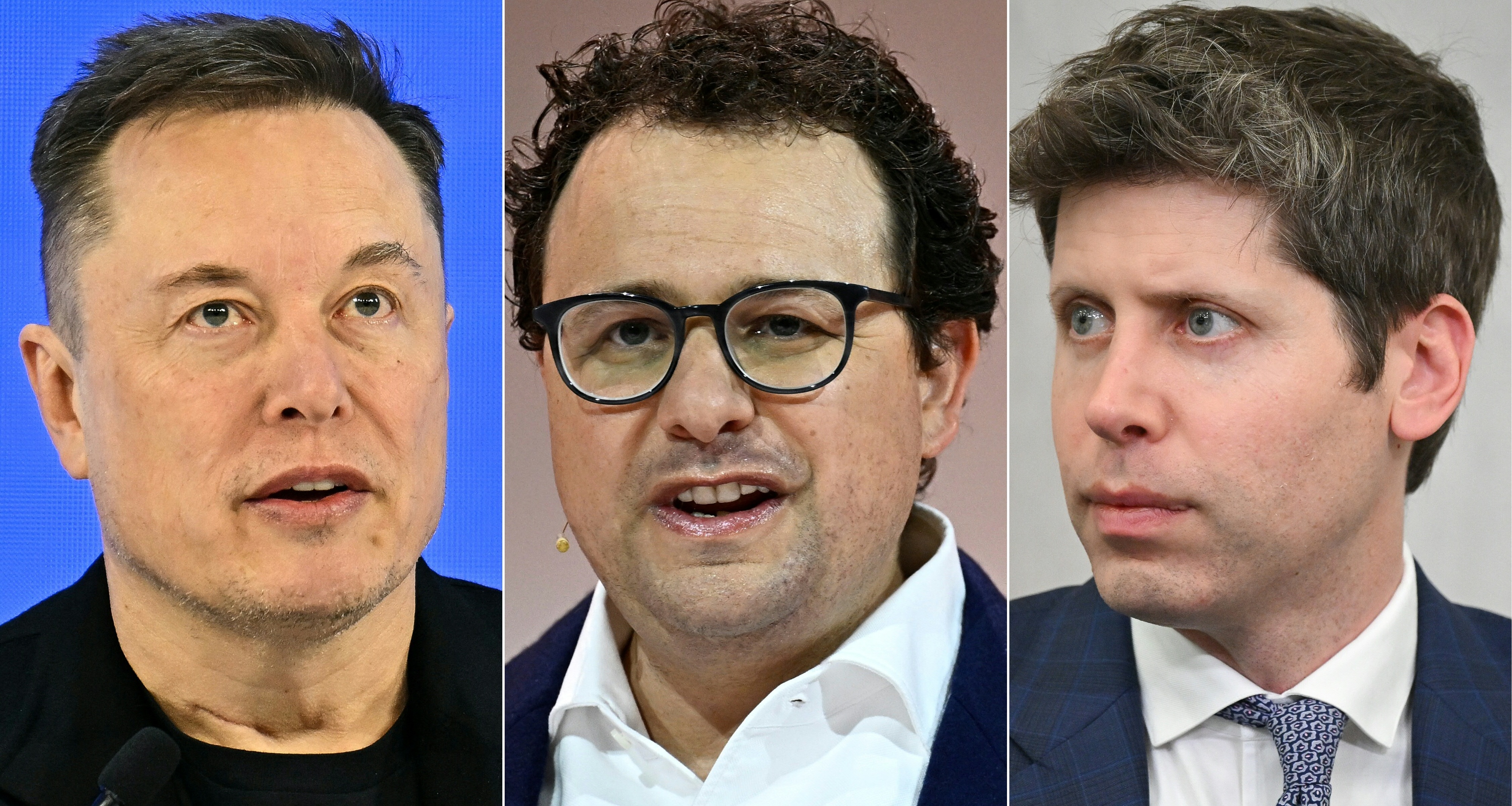从左至右：Elon Musk、Dario Amodei 与 Sam Altman（《华盛顿邮报》评论文章配图；摄影：Fabrice Coffrini、Julien De Rosa、Mandel Ngan/AFP/Getty Images）