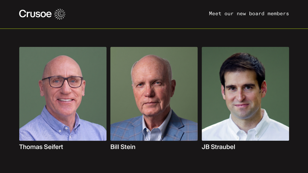 Crusoe 新闻稿配图：三位新董事 Thomas Seifert、Bill Stein 与 JB Straubel 的照片