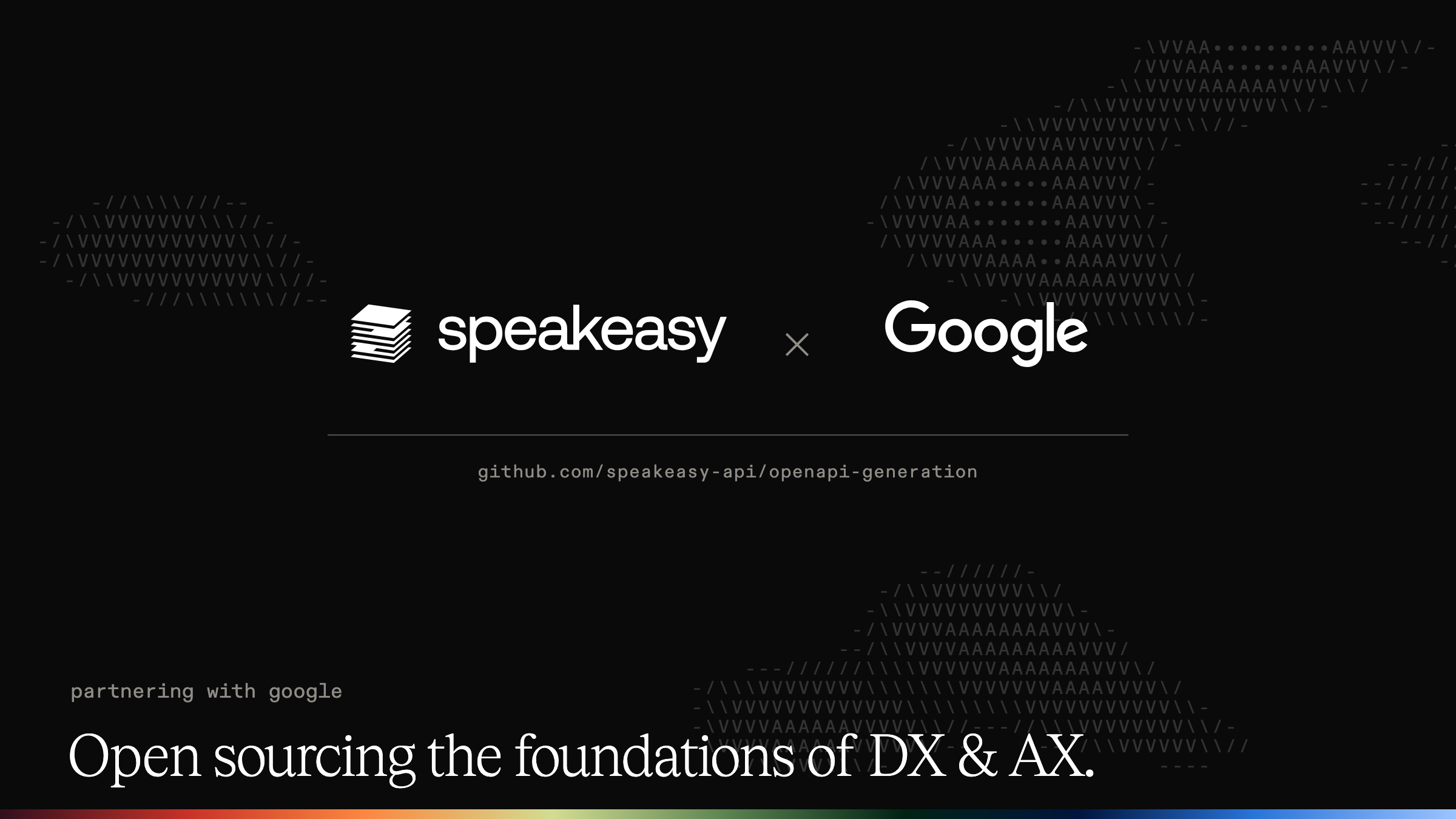 Speakeasy 博文头图：speakeasy 与 Google 的标志并列，下方是 github.com/speakeasy-api/openapi-generation，以及「partnering with google / Open sourcing the foundations of DX & AX.」字样