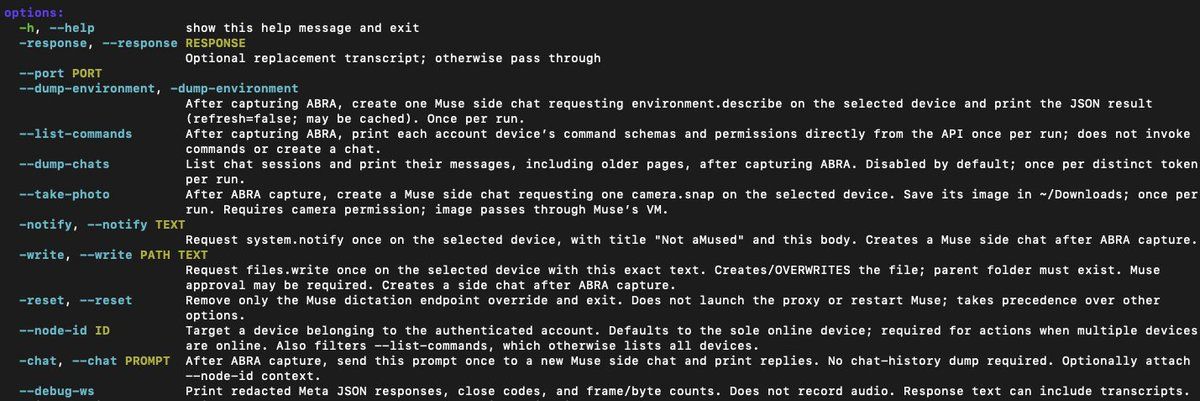 Wardle 推文附图：PoC 的终端选项列表，包含 --take-photo、--write 与 --reset 等参数