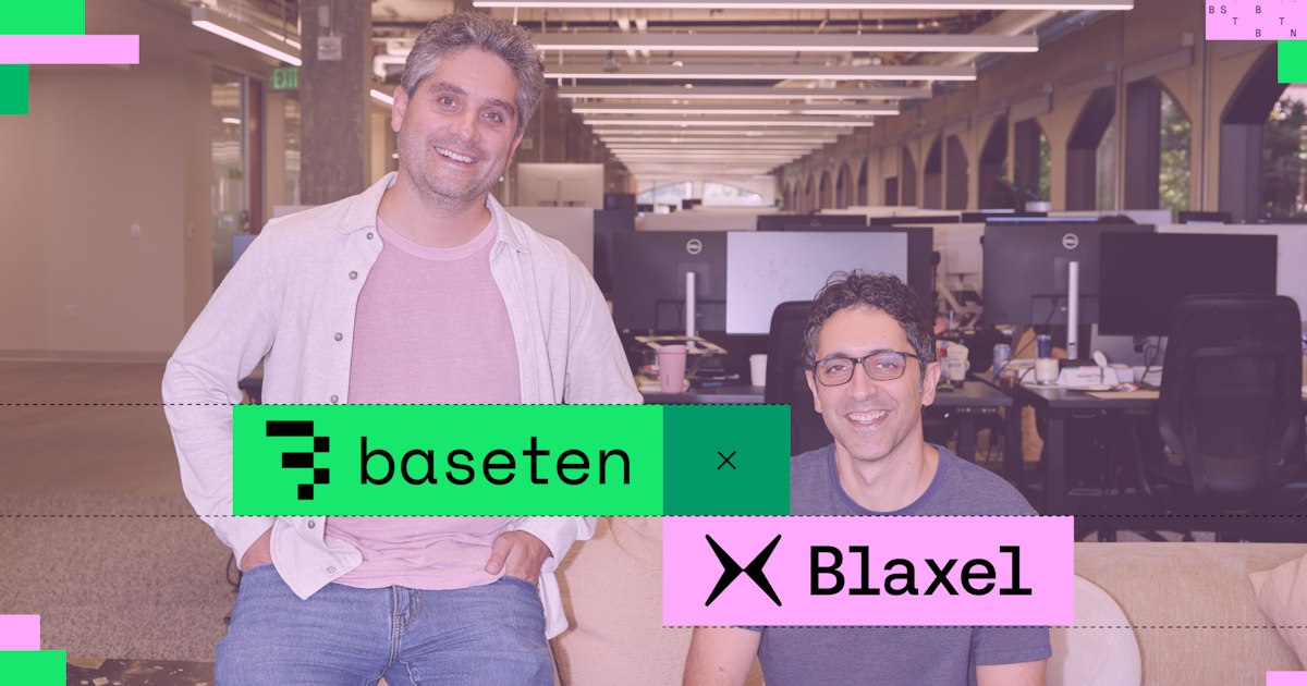 Baseten 与 Blaxel 的联合收购公告图，两侧为两家公司创始人