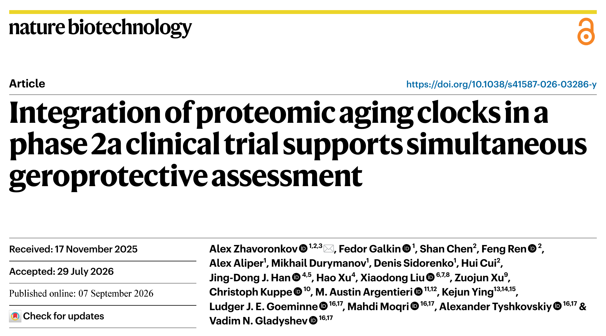 Nature Biotechnology 论文首页截图：Integration of proteomic aging clocks in a phase 2a clinical trial supports simultaneous geroprotective assessment