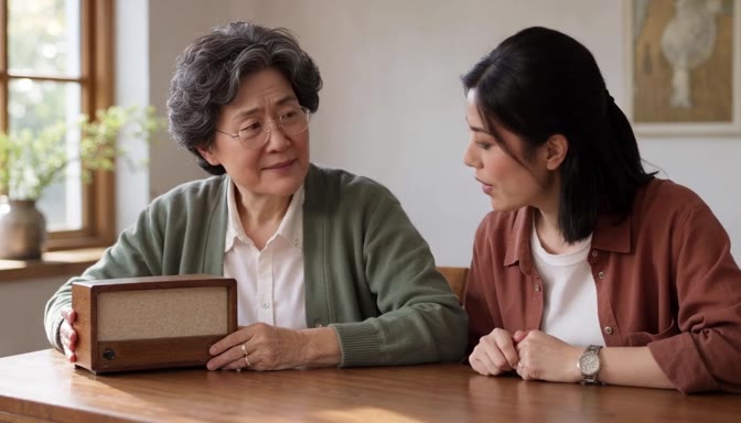 示例 02 的静帧：两位女性坐在木桌前，年长者手中拿着一台小收音机