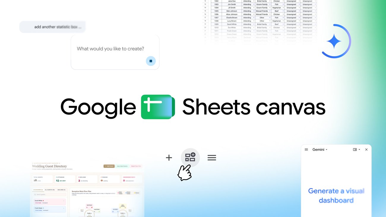 Sheets canvas 官方宣传图：一条提示词生成可视化仪表盘与婚礼座位表