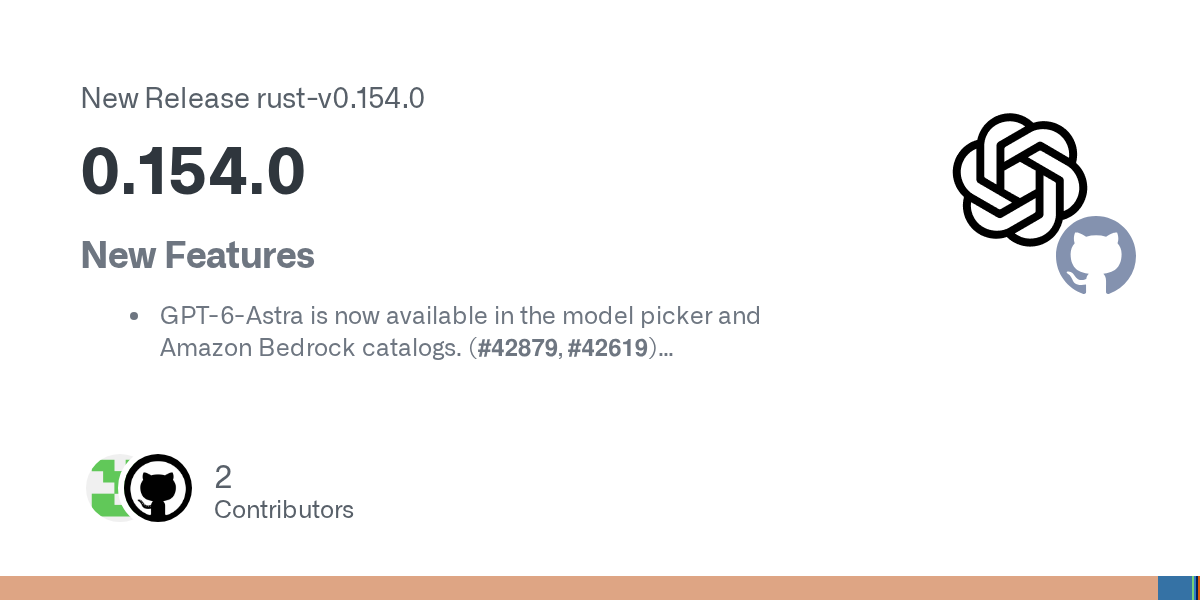 openai/codex Release rust-v0.154.0 的 GitHub 发布卡片，New Features 首条即为 GPT-6-Astra 进入模型选择器与 Amazon Bedrock 目录